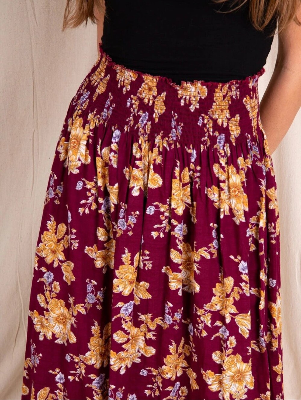 Floral Smocked Waist Maxi Skirt - Burgundy
